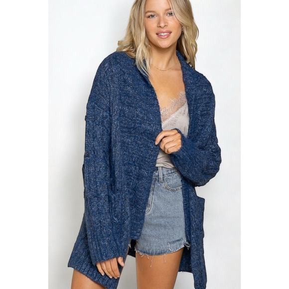 POL Dark Ocean Blue Cable Knit Cardigan - Picture 6 of 7